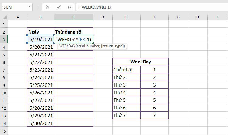 Cách dùng hàm Weekday chuyển ngày sang thứ trong Excel 2