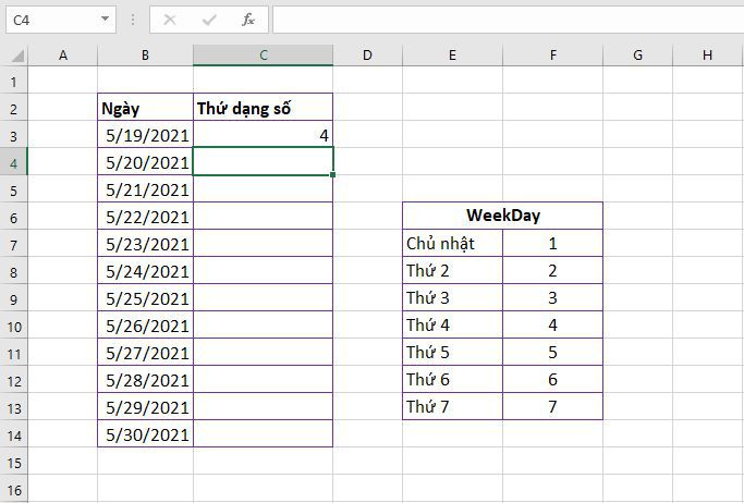 Cách dùng hàm Weekday chuyển ngày sang thứ trong Excel 3