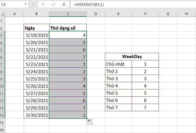 Cách dùng hàm Weekday chuyển ngày sang thứ trong Excel 4