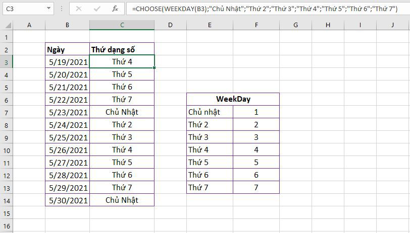 Cách dùng hàm Weekday chuyển ngày sang thứ trong Excel 7