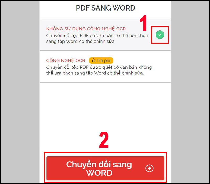 Cài đặt chuyển đổi và nhấn Chuyển đổi sang WORD