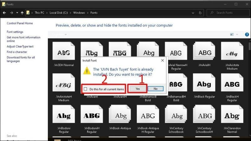 Chọn Yes để đồng ý ghi đè lên các font cũ