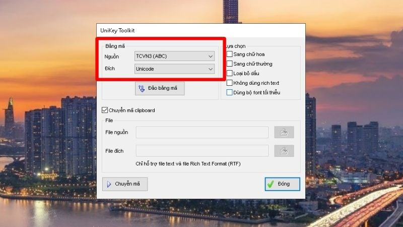 Chọn phần nguồn là TCVN3 (ABC), phần đích chọn Unicode