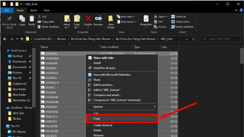 Ctrl A trên bàn phím để chọn tất cả các font. Sau đó, chọn Copy để sao chép