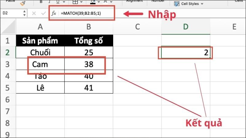 Do không có kết quả khớp chính xác nên sẽ trả về vị trí của giá trị gần thấp nhất (38)