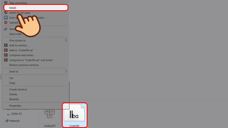 Giải nén file vừa tải ra, nhấn chuột phải vào font Code 39 và chọn Install để cài đặt