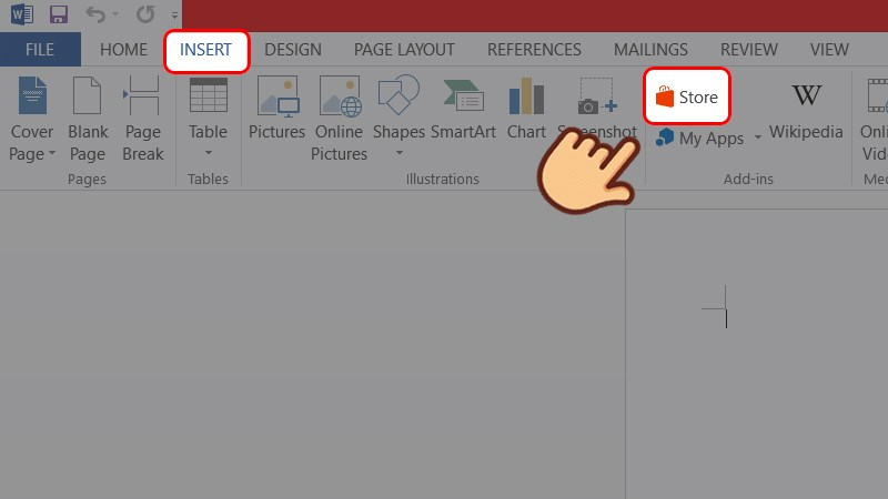 Mở ứng dụng Word, Excel, Powerpoint chọn tab Insert (chèn) và chọn Store (cửa hàng)