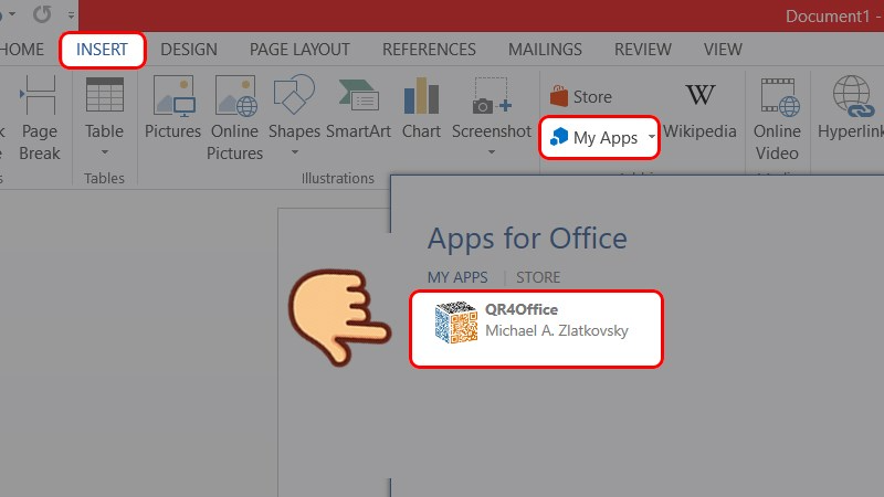 Nếu bảng đó không tự động bật lên thì bạn có thể vào tab Insert, chọn My Apps (Ứng dụng của tôi) và chọn QR4Office