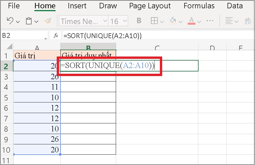 Nhập công thức =SORT(UNIQUE(A2:A10)) vào ô tham chiếu muốn hiển thị kết quả (B2).