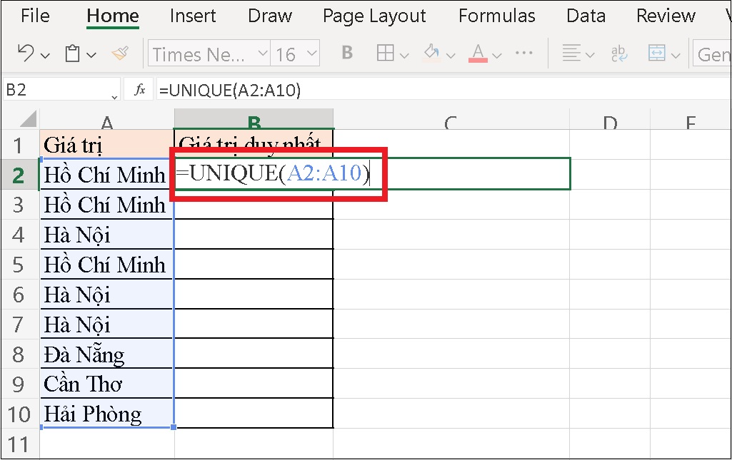 Nhập công thức =UNIQUE(A2:A10) và nhấn Enter vào ô tham chiếu muốn hiển thị kết quả (B2).