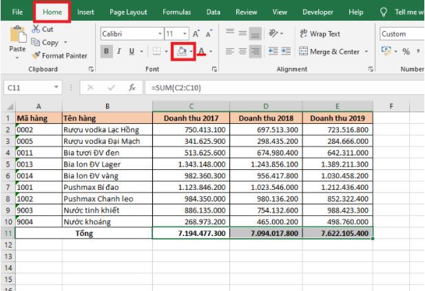 Những phím tắt để tô màu cho chữ và ô trong Excel 1