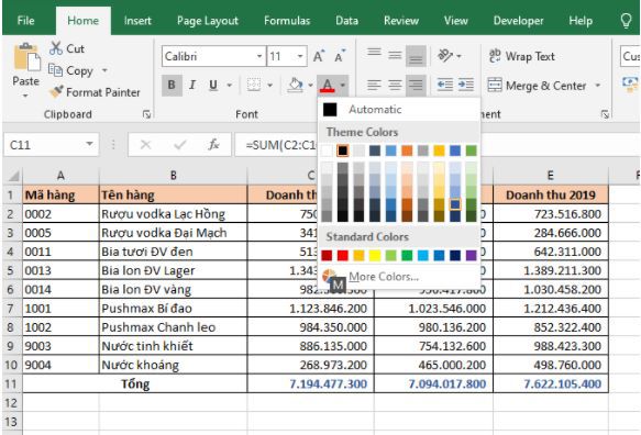 Những phím tắt để tô màu cho chữ và ô trong Excel 4