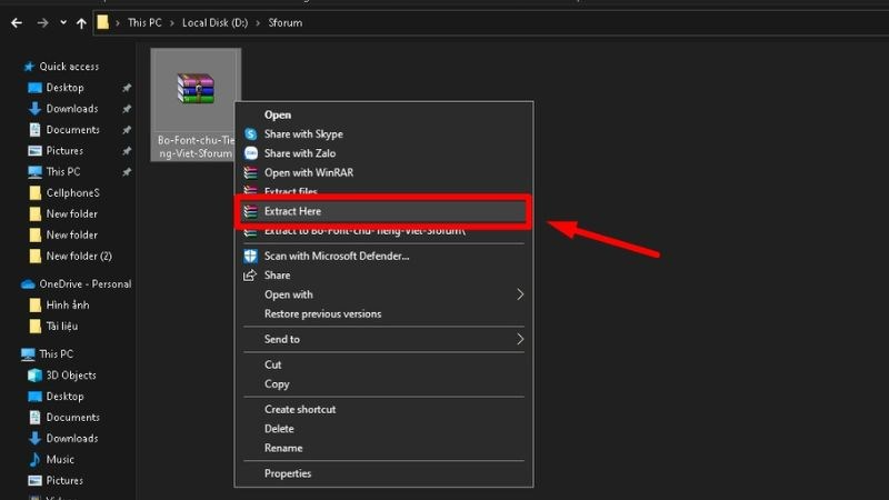 Sau khi tải bộ font về, nhấn chuột phải vào file vừa tải về, chọn Extract Here để giải nén
