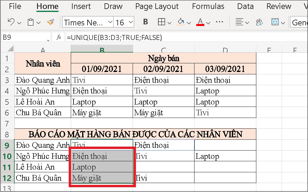 Từ ô nhập công thức (B9), bạn chỉ cần kéo chuột xuống các dòng còn lại để hiện tất cả kết quả của các nhân viên khác.