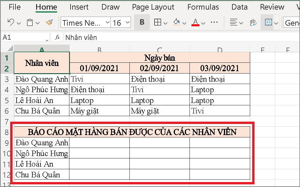 ọc ra danh sách các mặt hàng bán được (không trùng) của mỗi nhân viên.